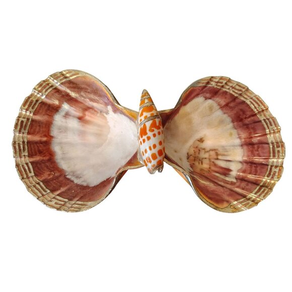 Vintage Double Calico Scallop Trinket Dish Episcopal Miter Shell Gold Trim Ocean - Picture 2 of 6